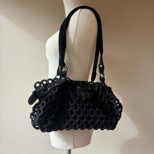 Black Crochet Shoulder Bag with Suede Detailing